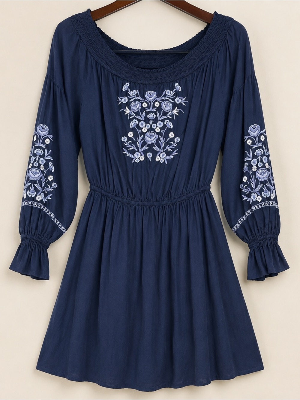 Hollister Embroidered Off Shoulder Peasant Mini Dress S Boho Blue